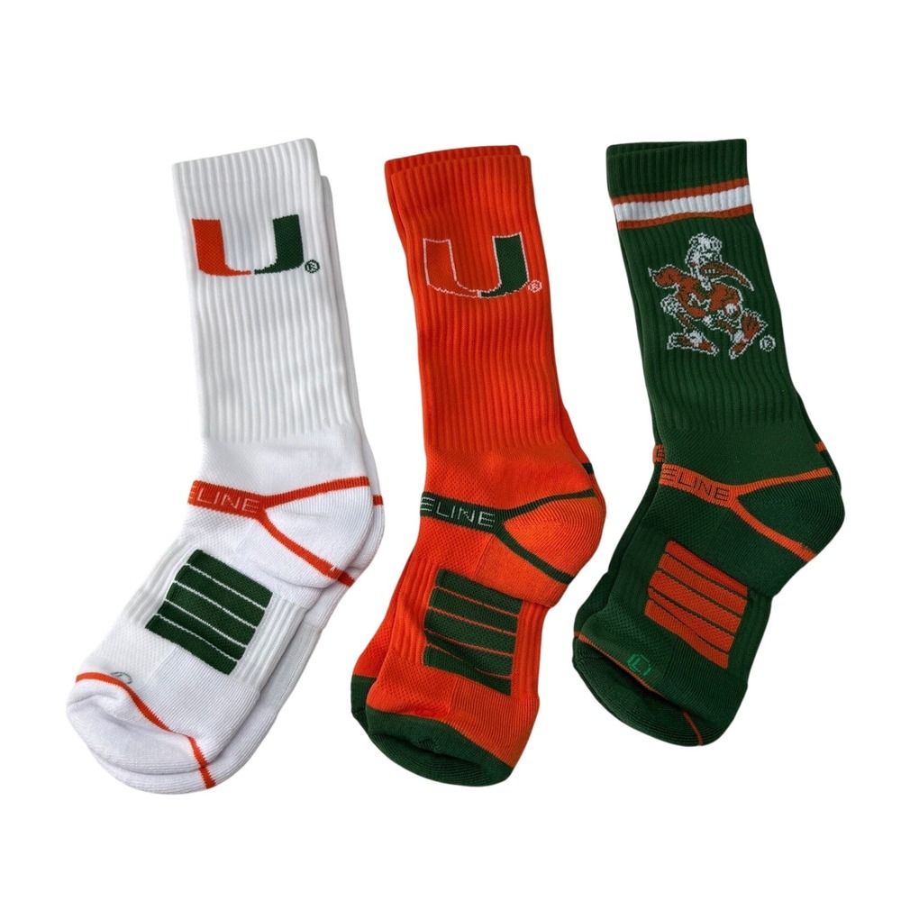 Strideline Miami Hurricanes NCAA Premium Cushion Crew‎ Socks 3 Pack Mens M/L NEW